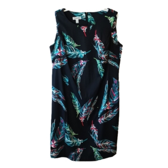 (L8) Black Teal Pink Feather Graphic Sheath Tank Career Dress 14 - Picture 1 of 3